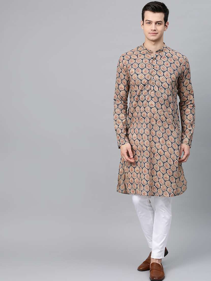 men printed mandarin neck kurta pyjama set