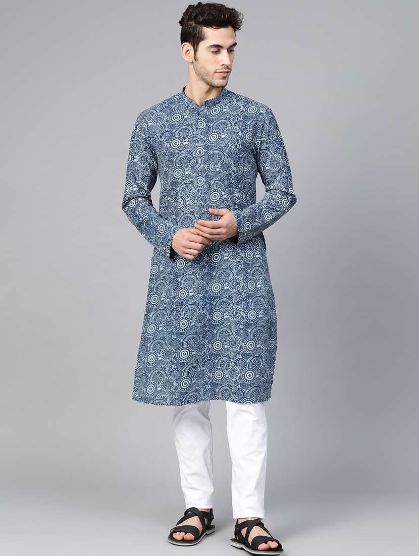 men printed mandarin neck kurta pyjama set