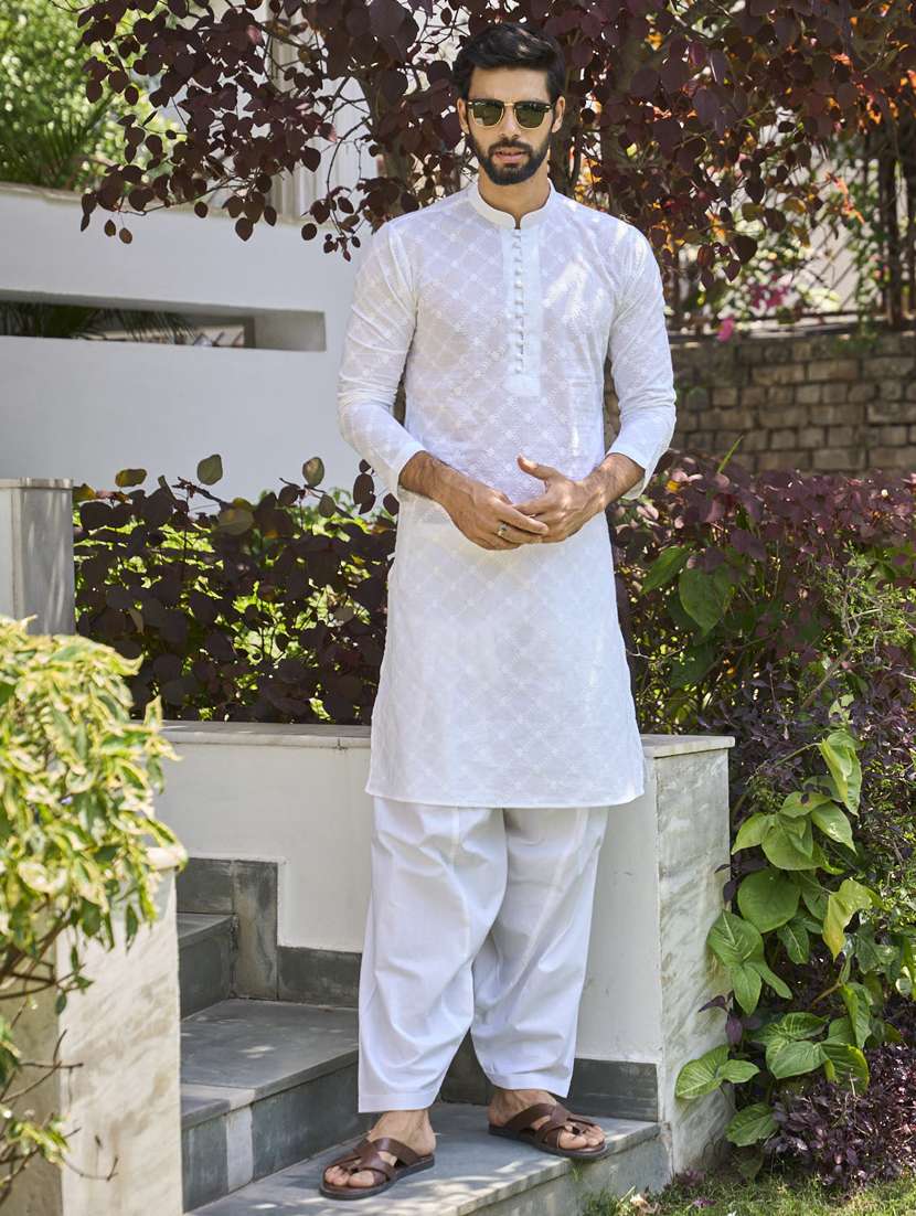 men solid with work mandarin neck kurta salwar set
