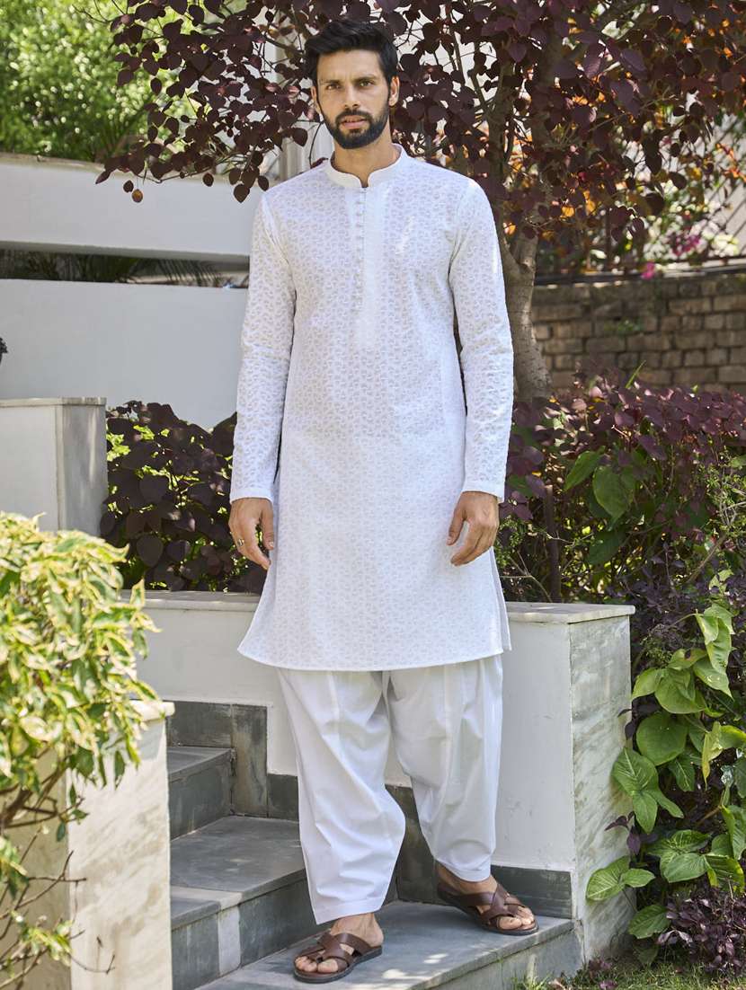 men solid with work mandarin neck kurta salwar set