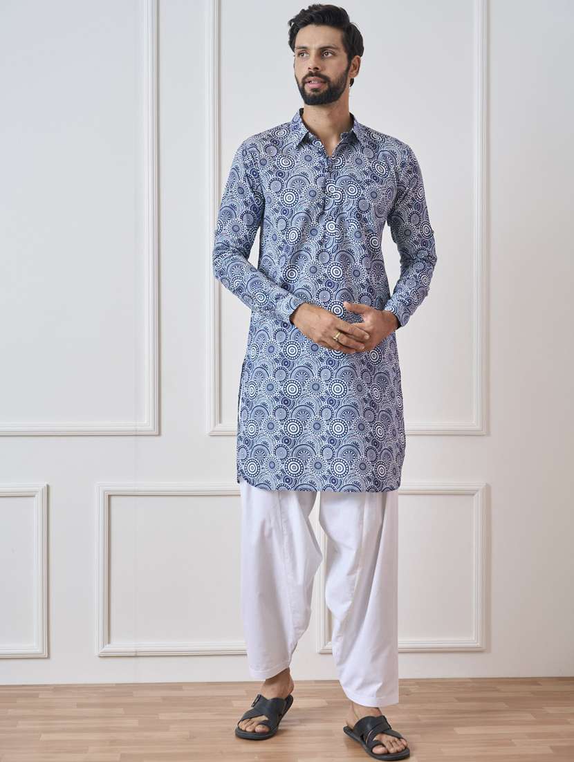men printed long sleeve pathani kurta salwar set