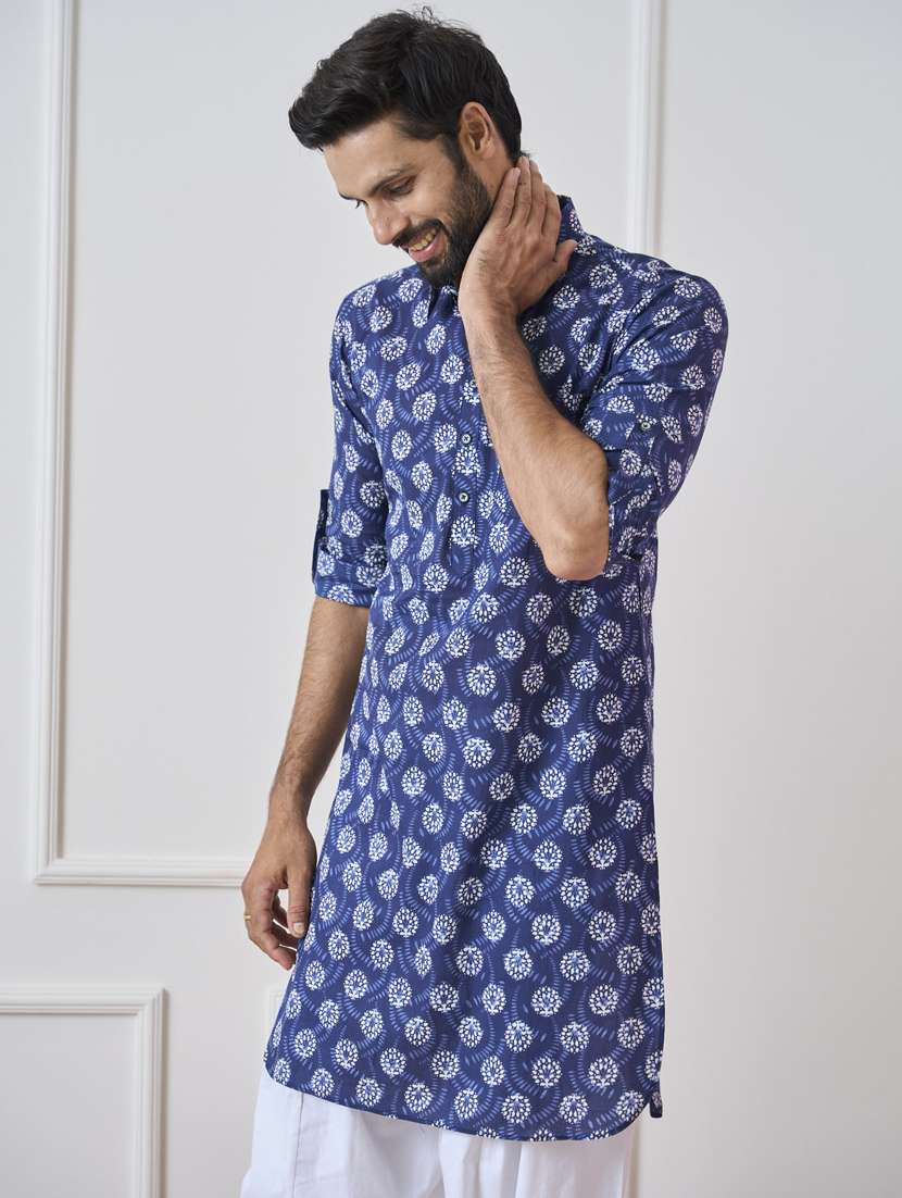 men printed long sleeve pathani kurta salwar set