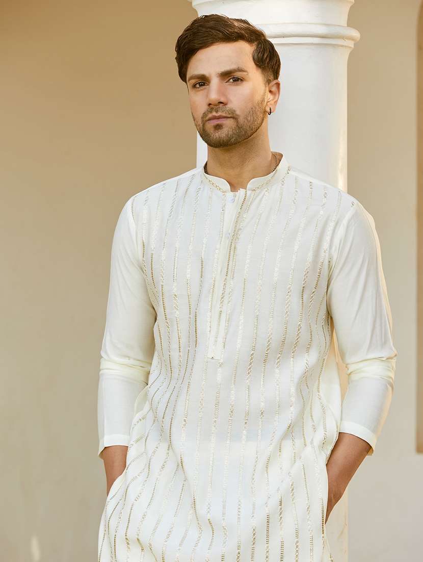men solid with work mandarin neck kurta pyjama set - 22481136 -  Standard Image - 1