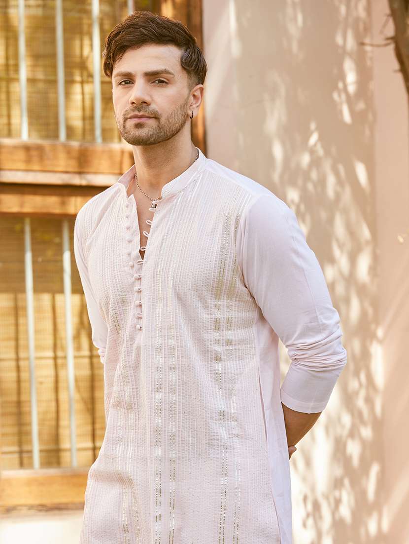men solid with work mandarin neck kurta pyjama set - 22481150 -  Standard Image - 1