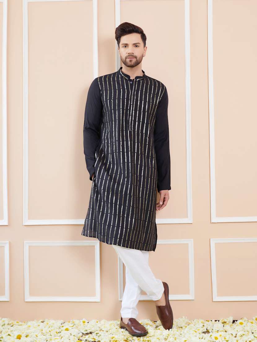 men solid with work mandarin neck kurta pyjama set