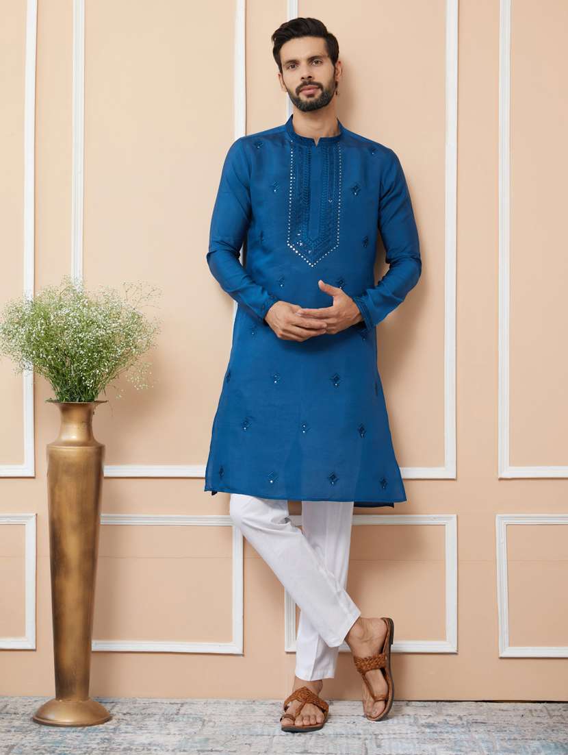 men solid with work mandarin neck kurta pyjama set