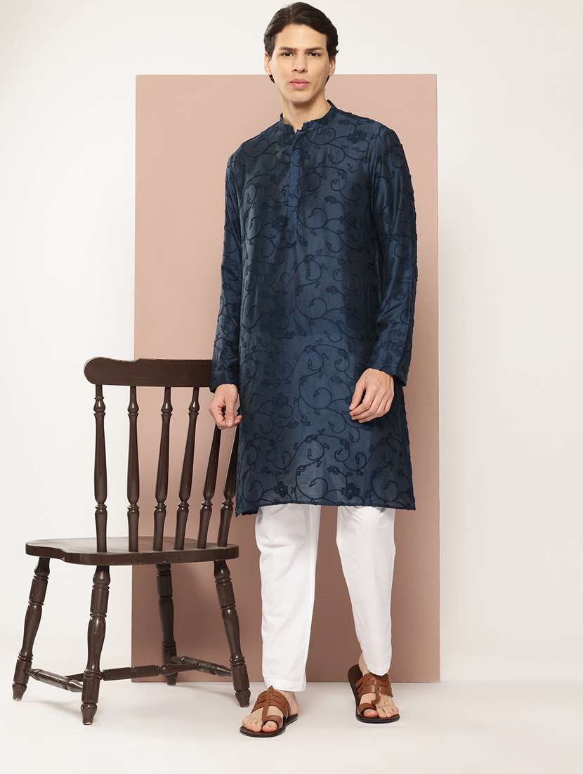 men solid with work mandarin neck kurta pyjama set - 22481233 -  Standard Image - 4