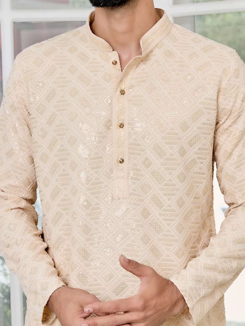 men solid with work mandarin neck kurta pyjama set - 22481244 -  Standard Image - 1