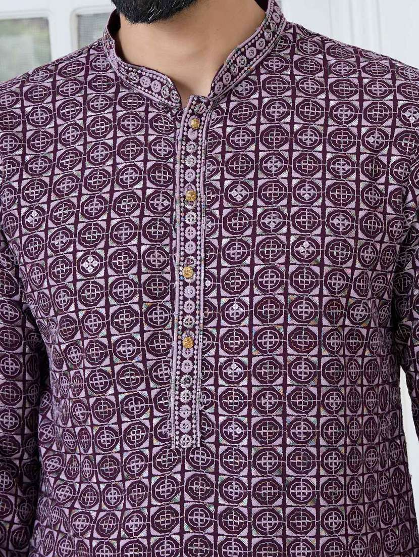 men solid with work mandarin neck kurta pyjama set - 22481261 -  Standard Image - 1