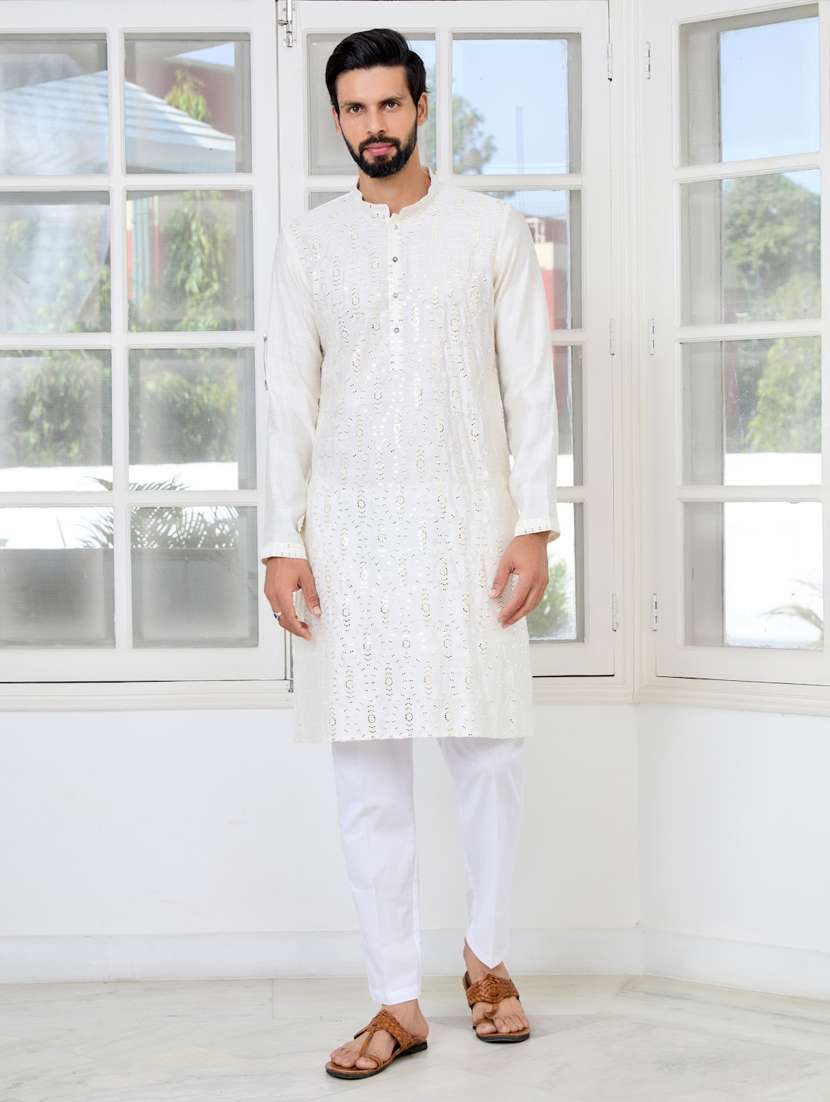 men solid with work mandarin neck kurta pyjama set