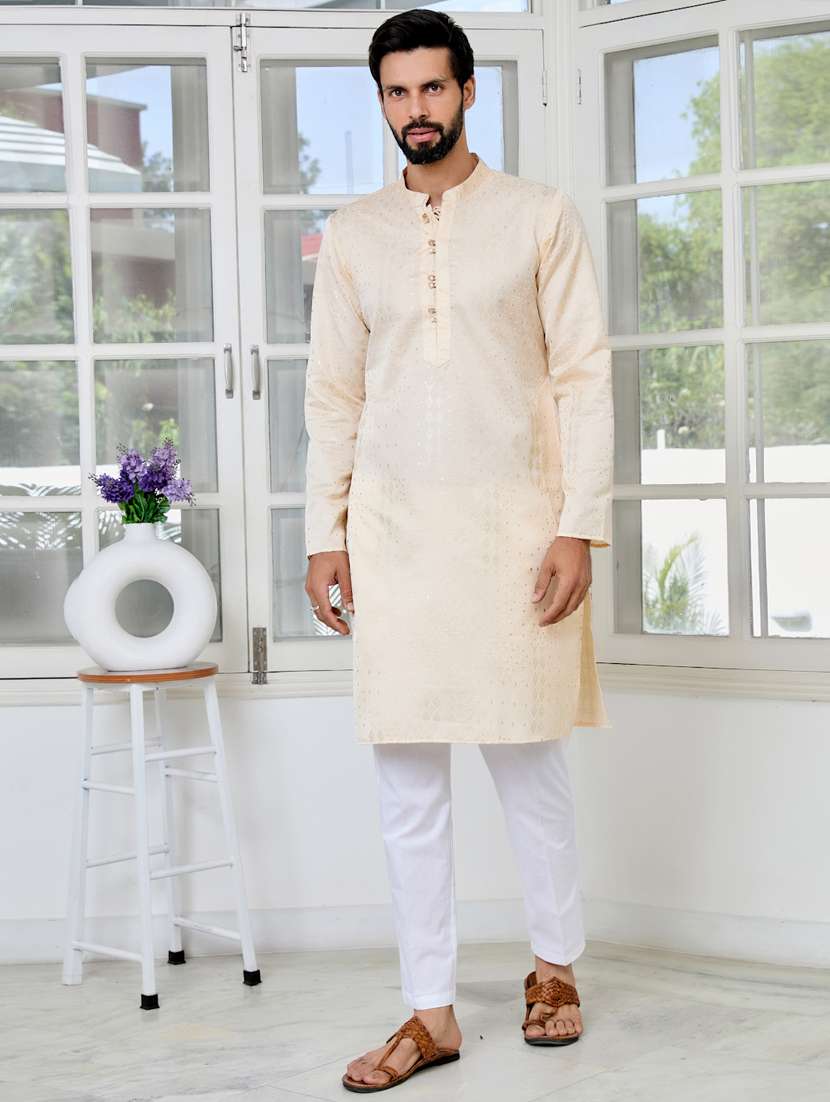 men solid with work mandarin neck kurta pyjama set