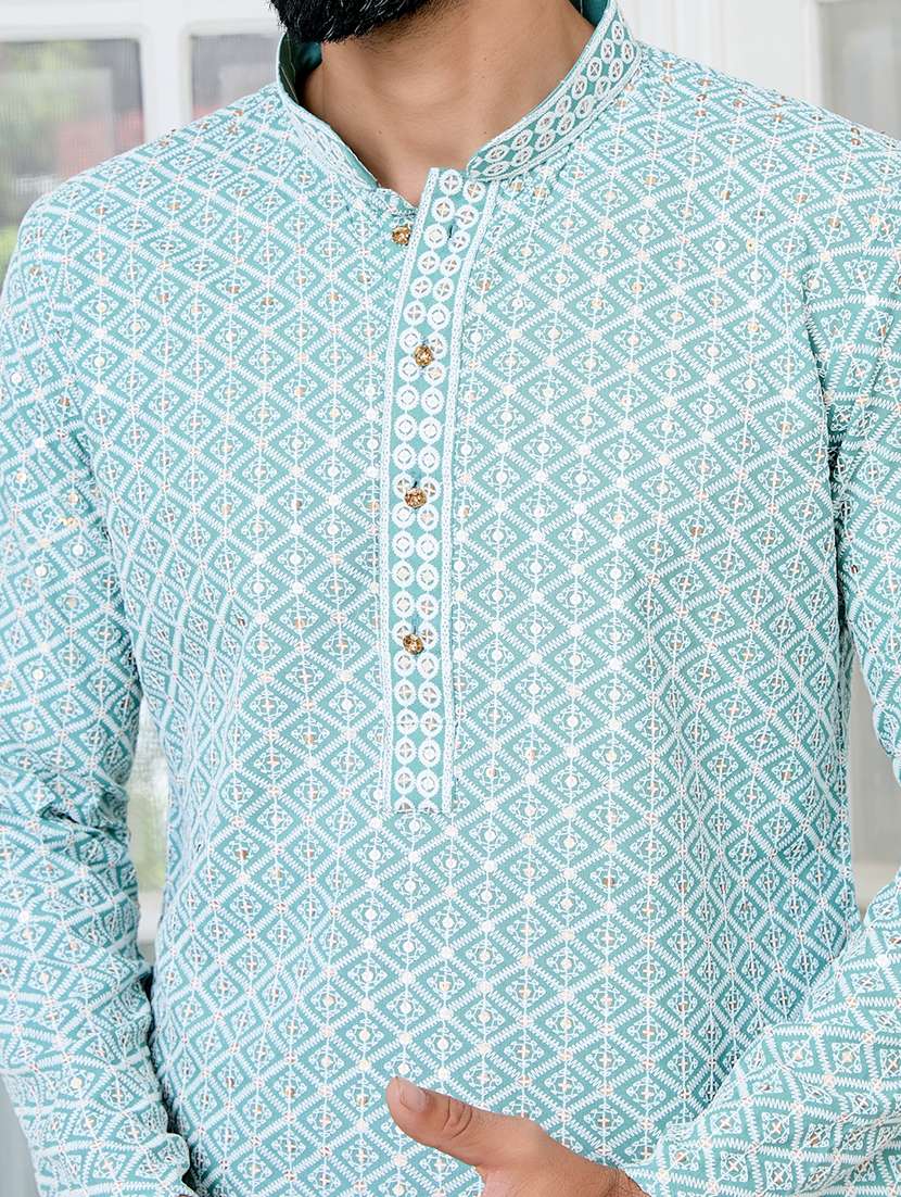 men solid with work mandarin neck kurta pyjama set - 22481292 -  Standard Image - 1