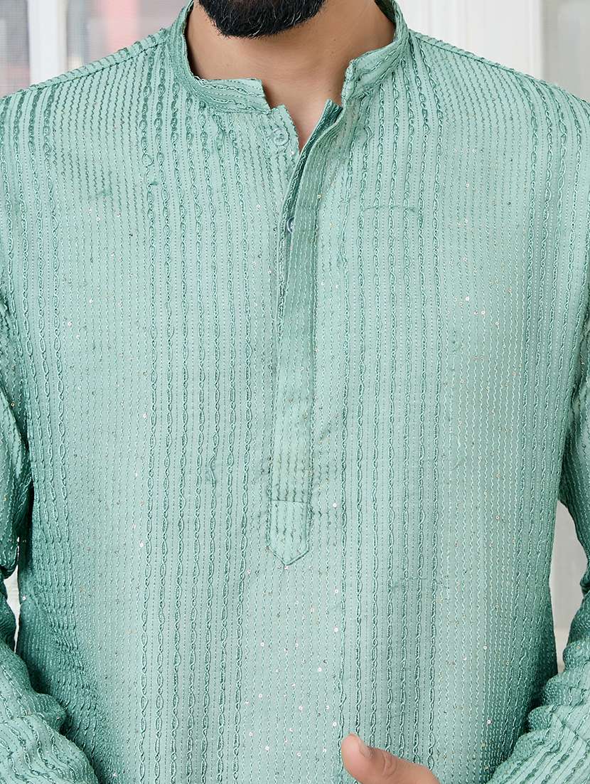 men solid with work mandarin neck kurta pyjama set - 22481365 -  Standard Image - 1