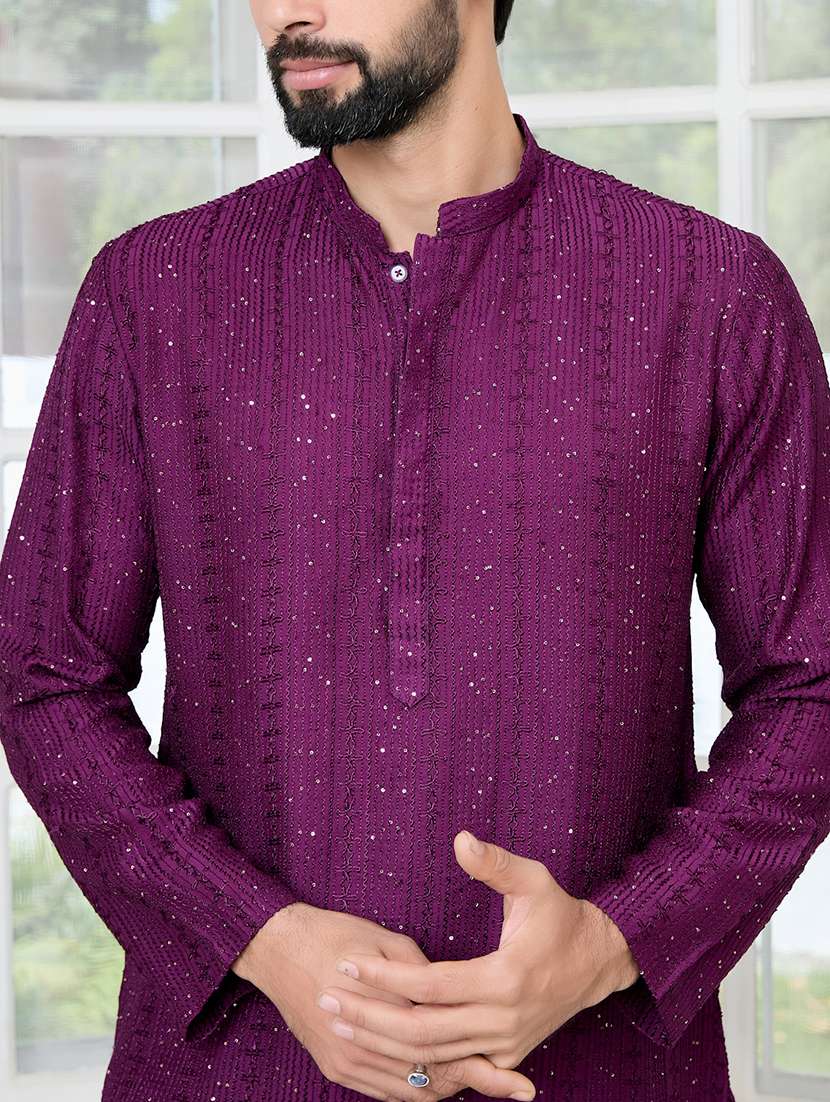 men solid with work mandarin neck kurta pyjama set - 22481367 -  Standard Image - 1