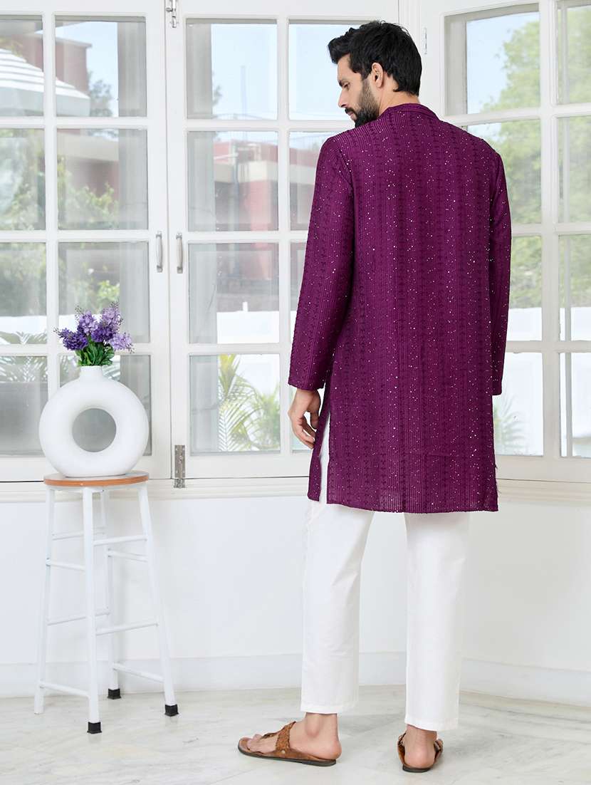 men solid with work mandarin neck kurta pyjama set - 22481367 -  Standard Image - 4
