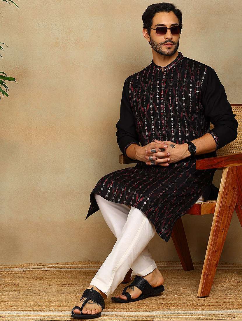 men solid with work mandarin neck kurta pyjama set