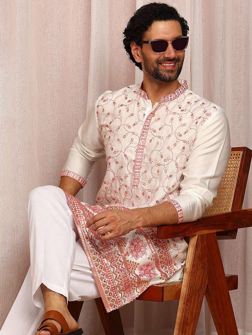 men solid with work mandarin neck kurta pyjama set - 22481467 -  Standard Image - 4