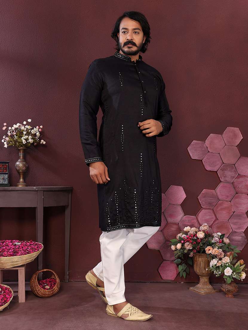 men solid with work mandarin neck long kurta - 22481562 -  Standard Image - 1