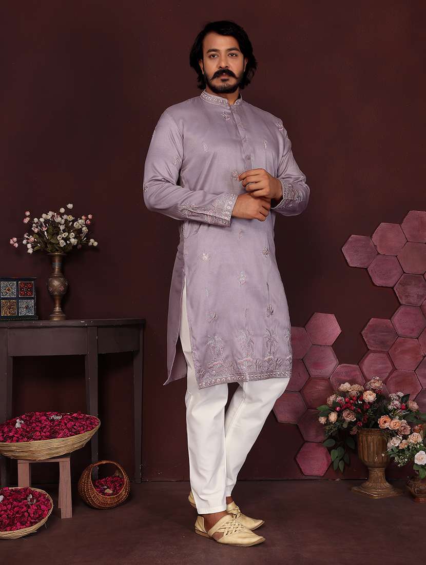 men solid with work mandarin neck long kurta - 22481567 -  Standard Image - 1