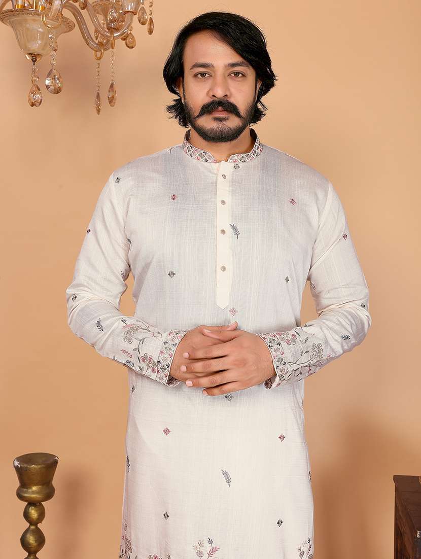 men solid woth work mandarin neck long kurta - 22481585 -  Standard Image - 1
