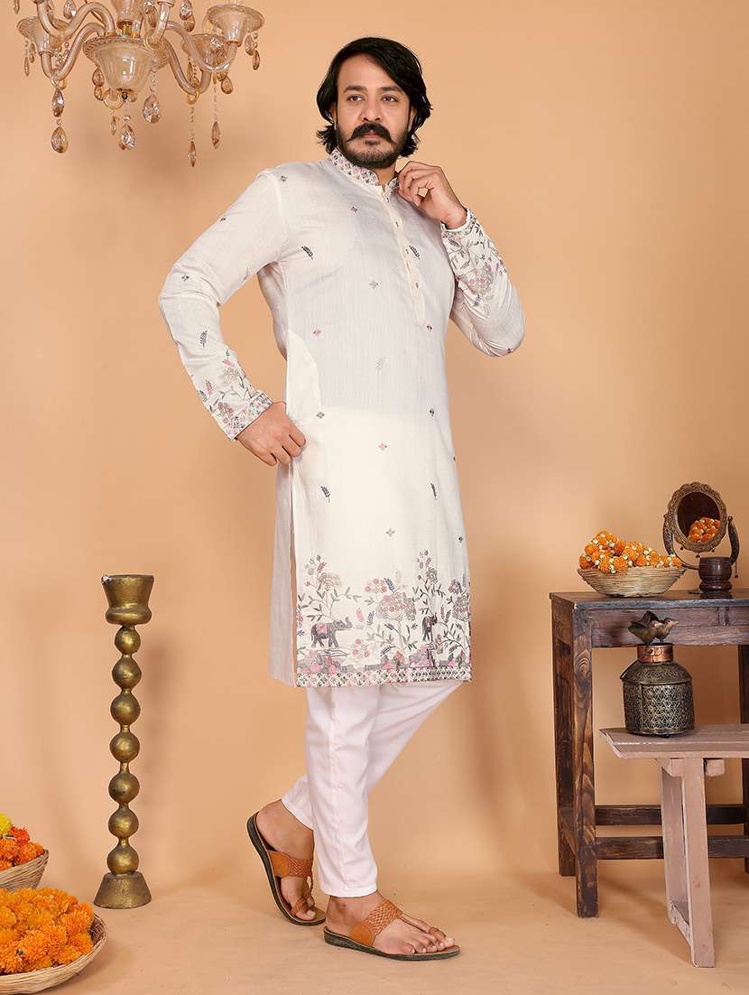 men solid woth work mandarin neck long kurta - 22481585 -  Standard Image - 4