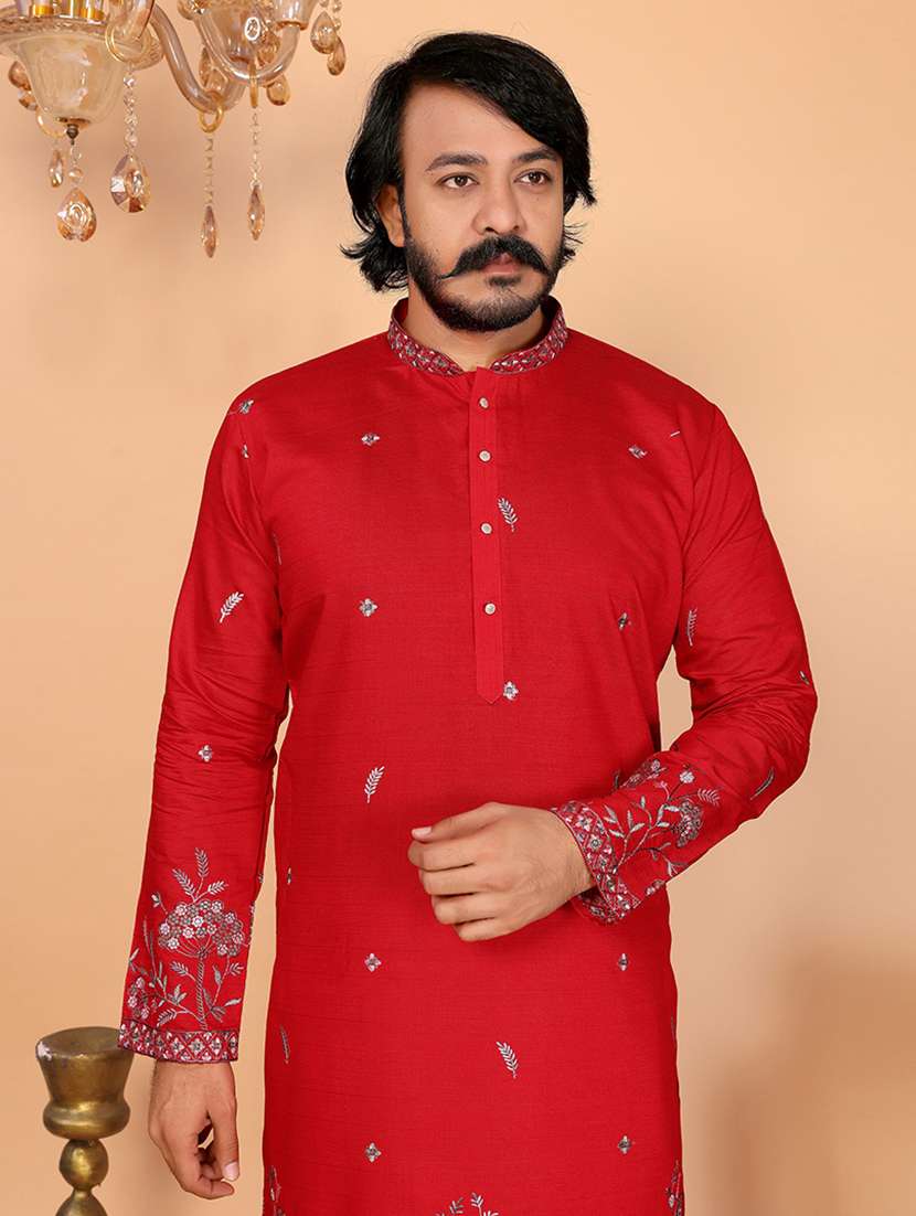 men solid woth work mandarin neck long kurta - 22481589 -  Standard Image - 1