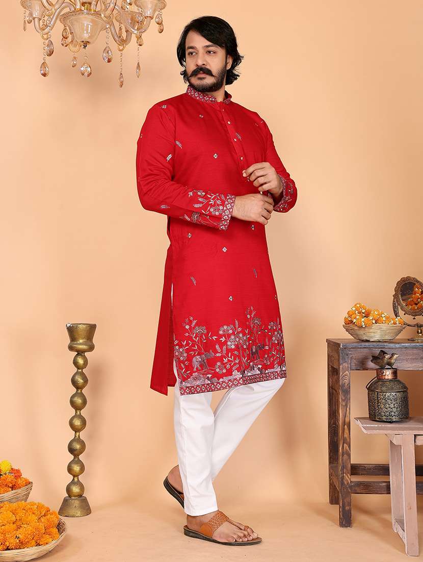 men solid woth work mandarin neck long kurta - 22481589 -  Standard Image - 4