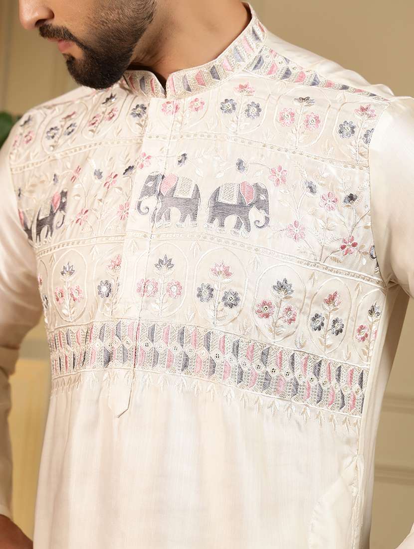men solid with work mandarin neck long kurta - 22481598 -  Standard Image - 1