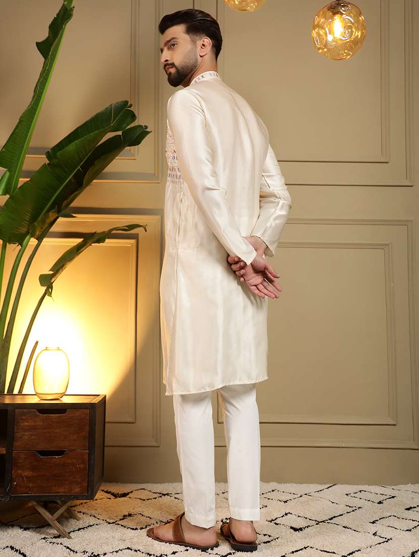 men solid with work mandarin neck long kurta - 22481598 -  Standard Image - 4