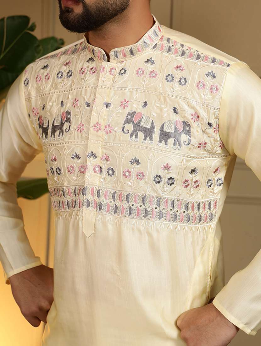 men solid with work mandarin neck long kurta - 22481602 -  Standard Image - 1