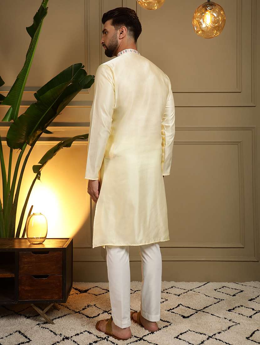 men solid with work mandarin neck long kurta - 22481602 -  Standard Image - 4