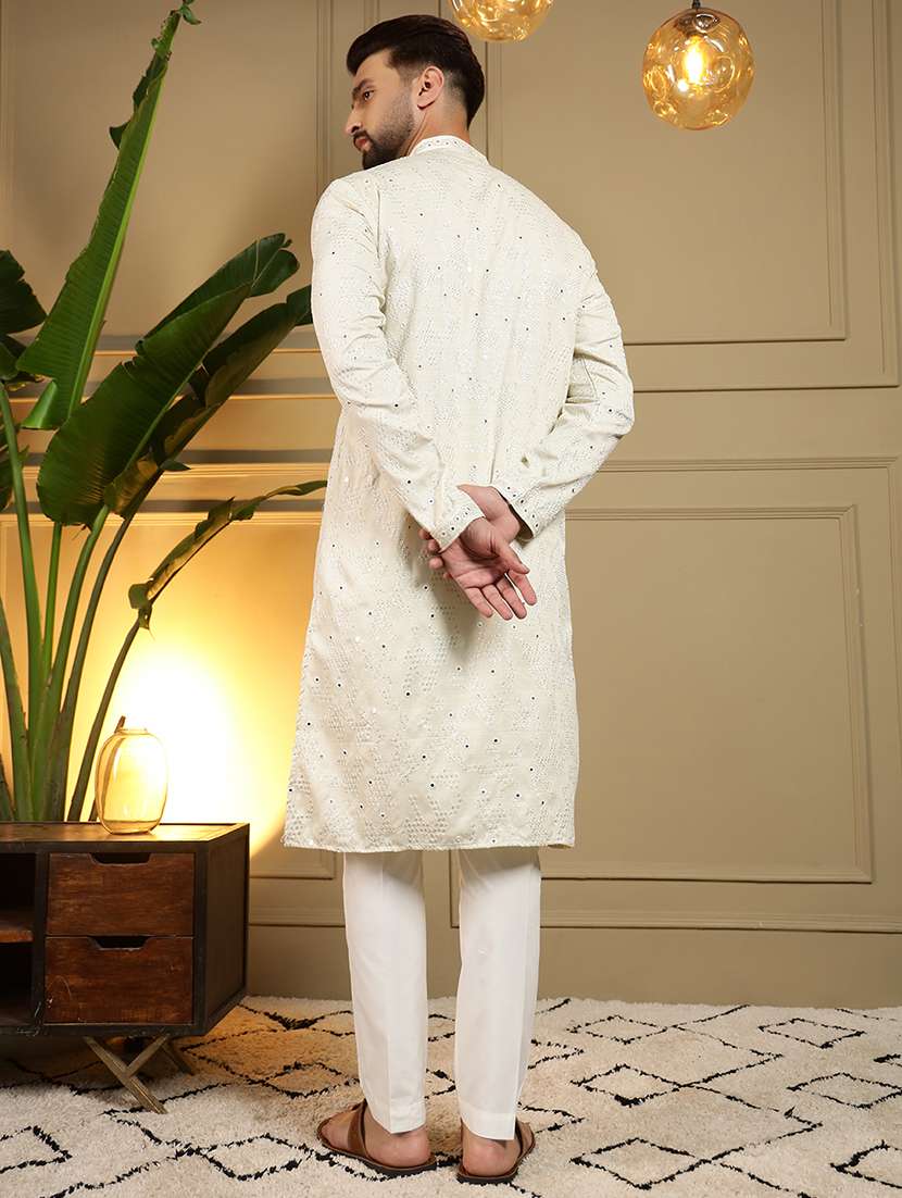 men solid with work mandarin neck long kurta - 22481603 -  Standard Image - 4