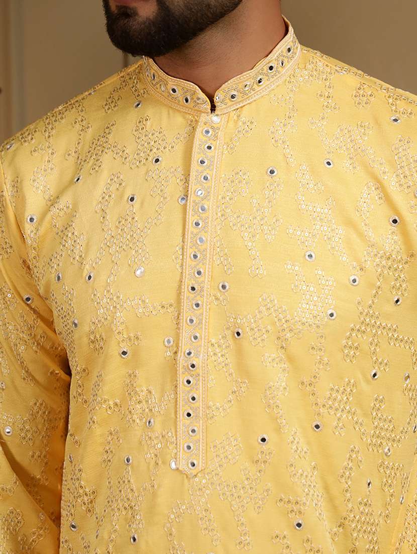 men solid with work mandarin neck long kurta - 22481607 -  Standard Image - 1