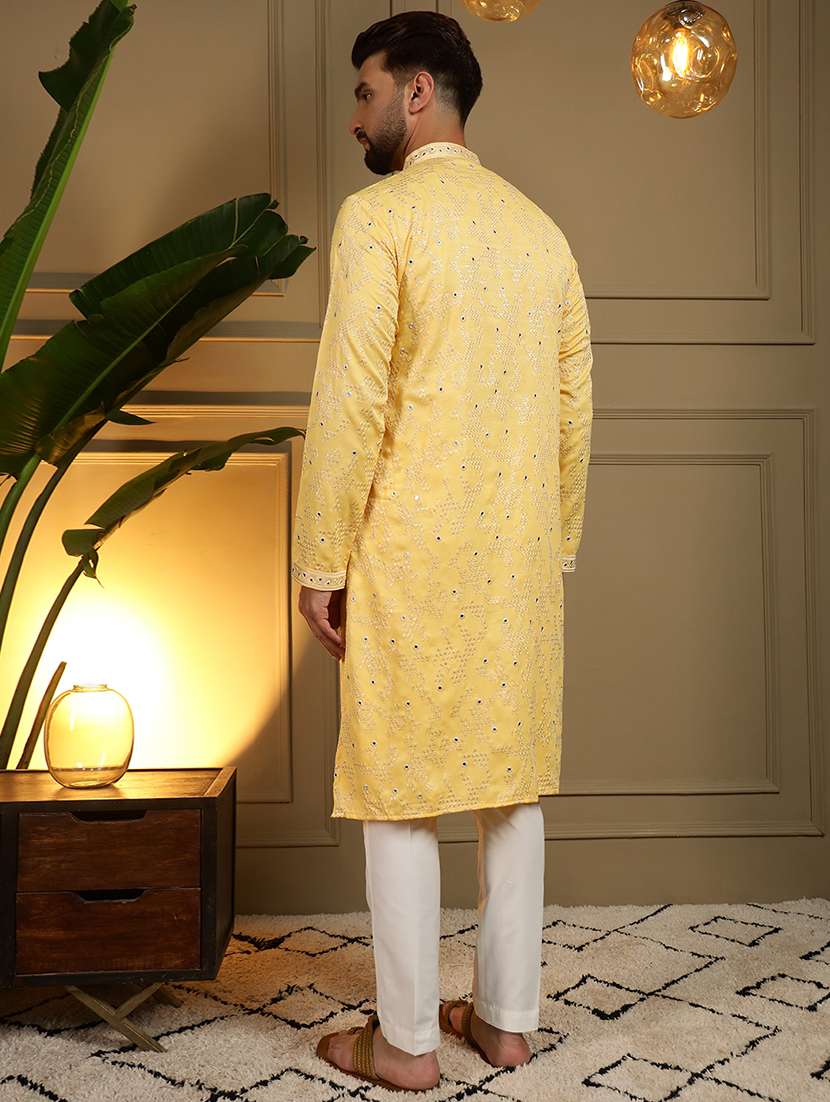 men solid with work mandarin neck long kurta - 22481607 -  Standard Image - 4