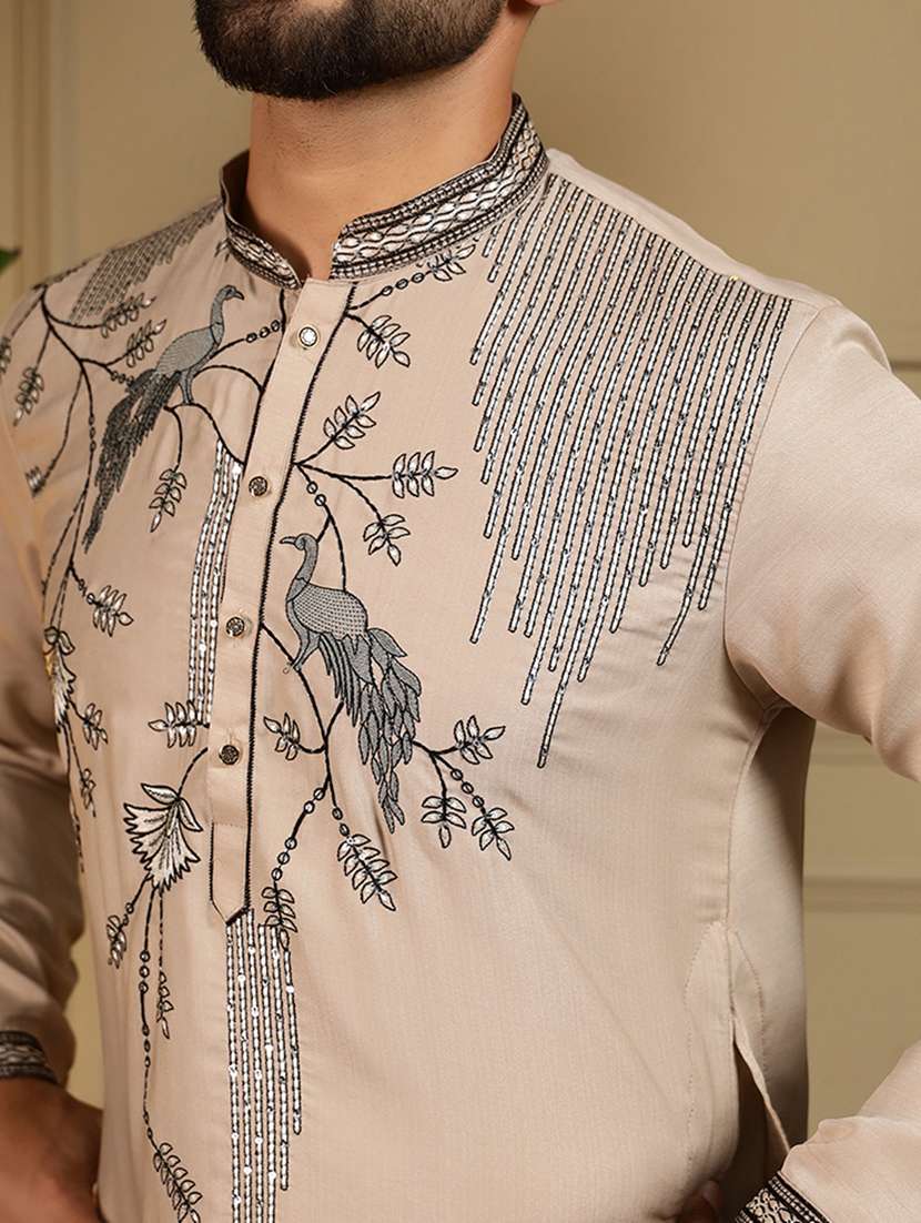 men solid with work mandarin neck long kurta - 22481608 -  Standard Image - 1