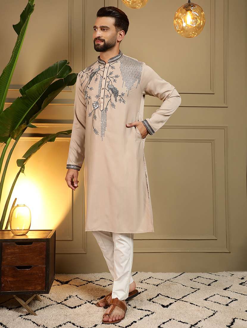 men solid with work mandarin neck long kurta - 22481608 -  Standard Image - 4
