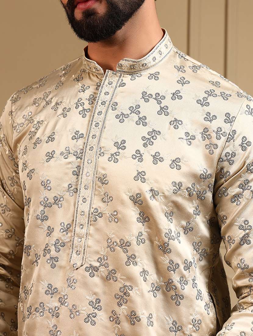 men solid with work mandarin neck long kurta - 22481622 -  Standard Image - 1