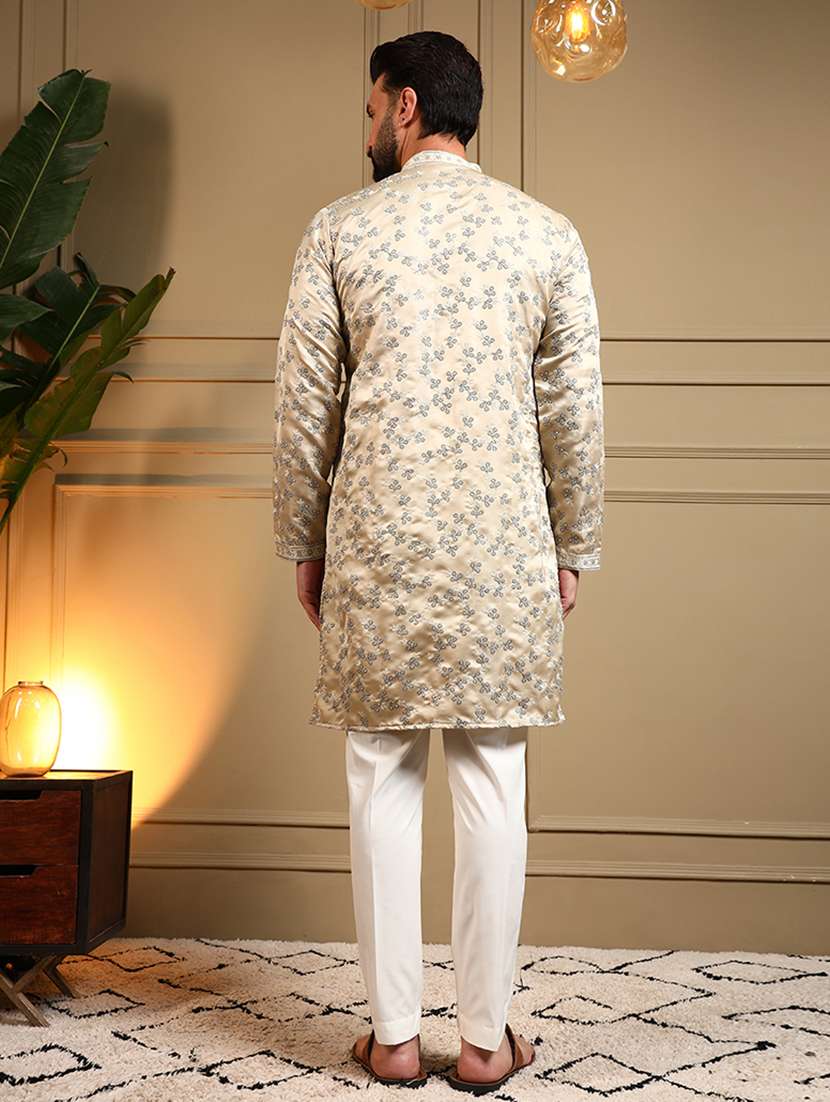 men solid with work mandarin neck long kurta - 22481622 -  Standard Image - 4