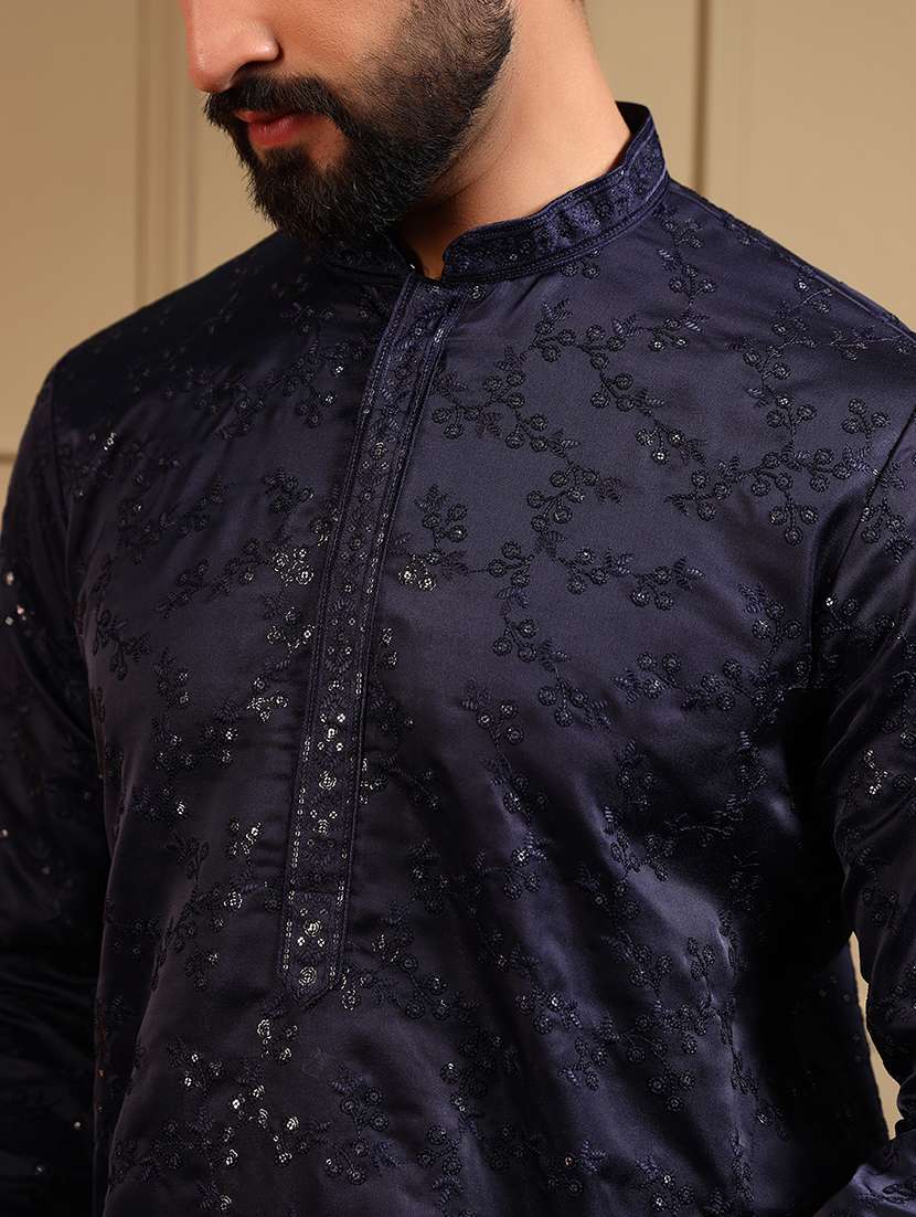 men solid with work mandarin neck long kurta - 22481625 -  Standard Image - 1