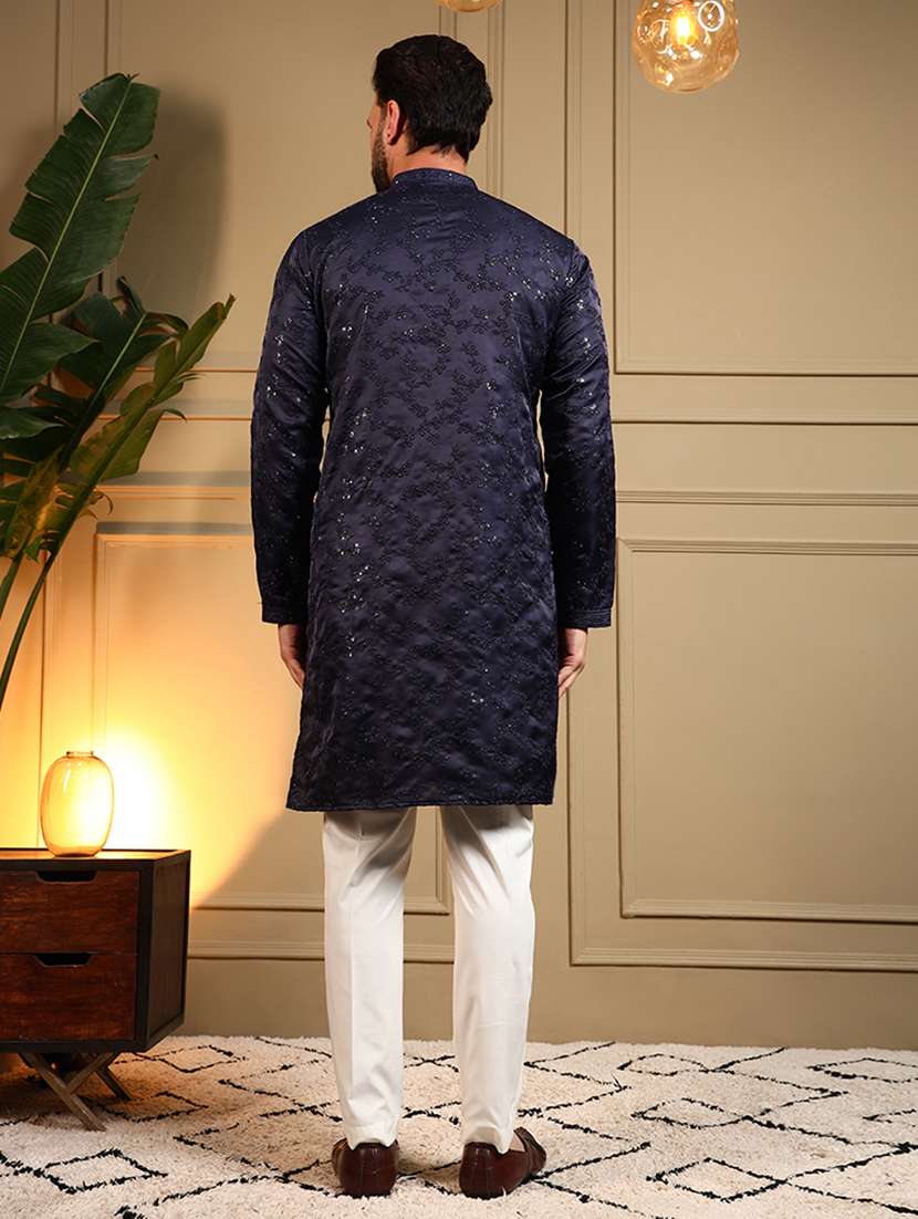 men solid with work mandarin neck long kurta - 22481625 -  Standard Image - 4
