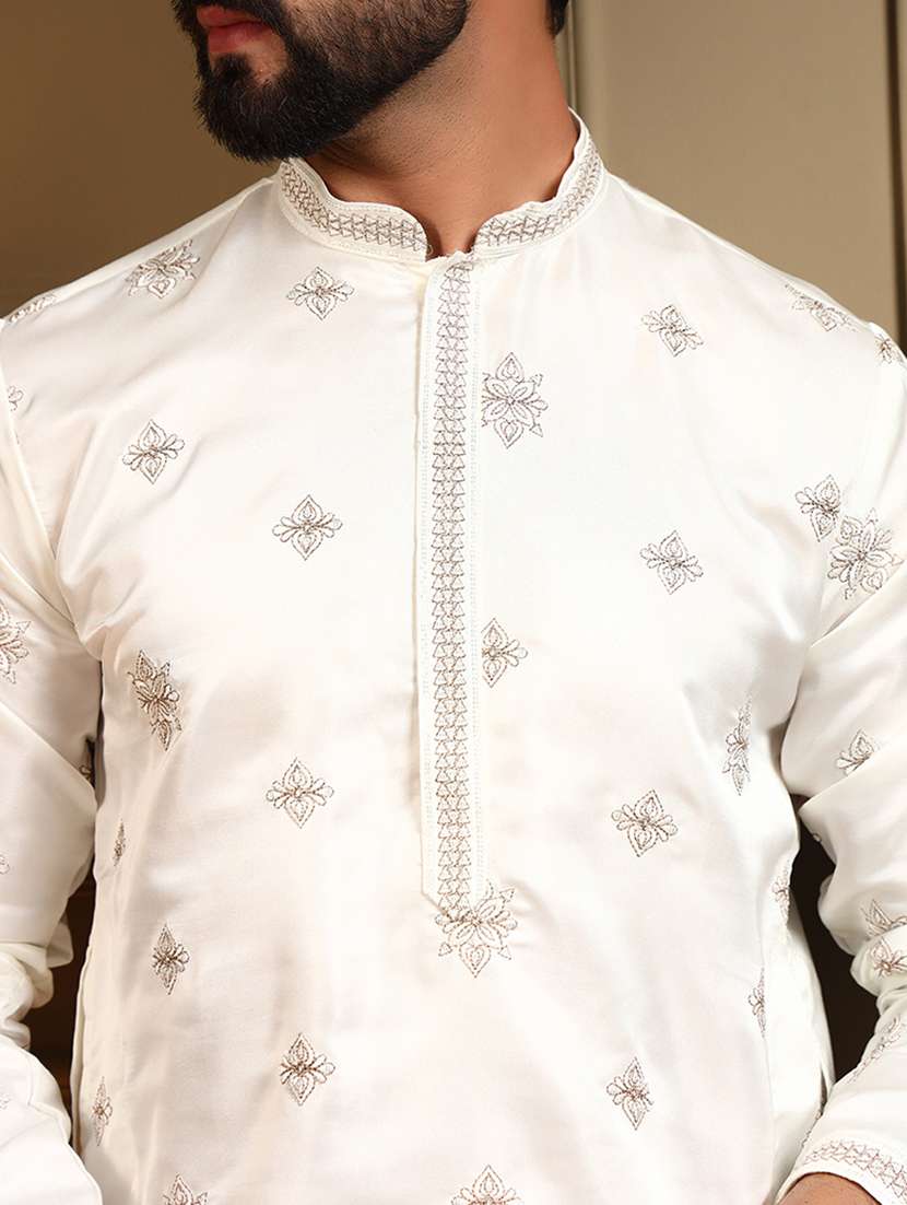 men solid with work mandarin neck long kurta - 22481626 -  Standard Image - 1