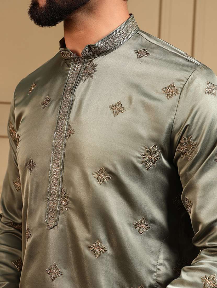 men solid with work mandarin neck long kurta - 22481627 -  Standard Image - 1