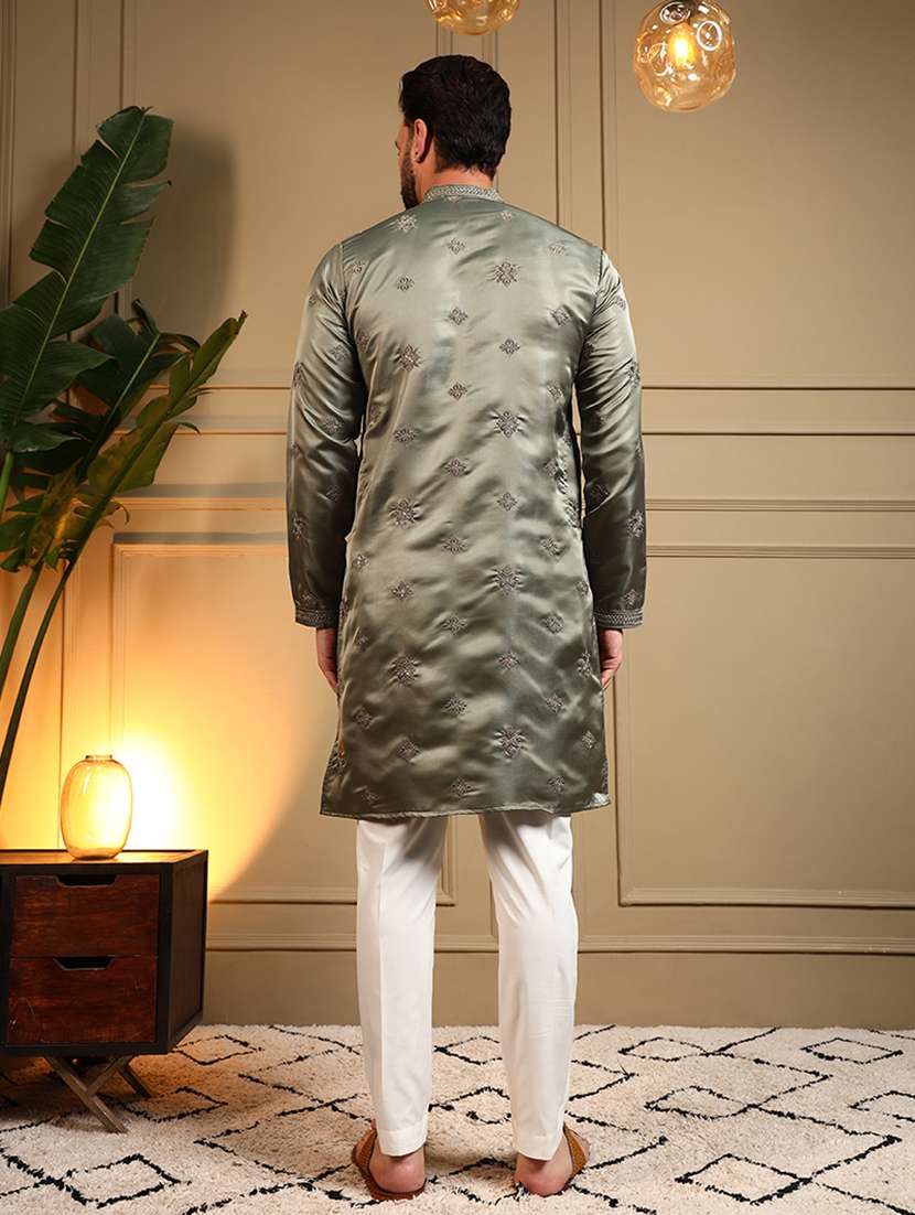 men solid with work mandarin neck long kurta - 22481627 -  Standard Image - 4
