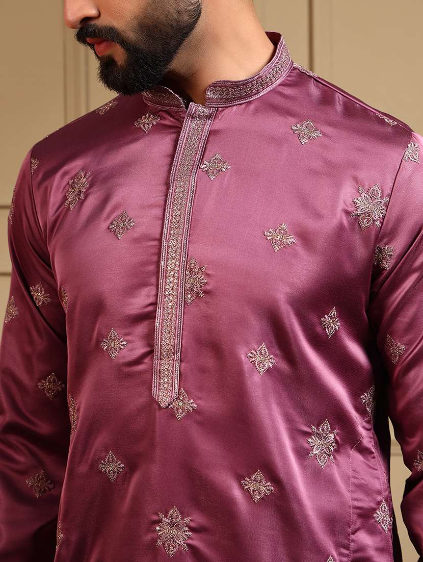 men solid with work mandarin neck long kurta - 22481628 -  Standard Image - 1