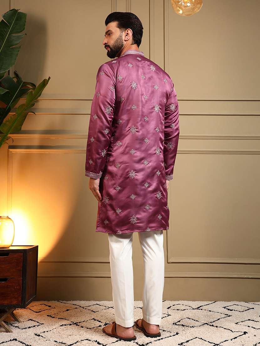 men solid with work mandarin neck long kurta - 22481628 -  Standard Image - 4