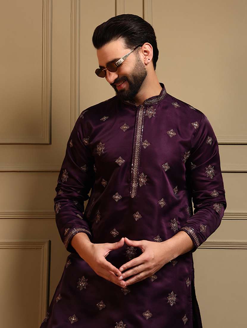 men solid with work mandarin neck long kurta - 22481629 -  Standard Image - 1