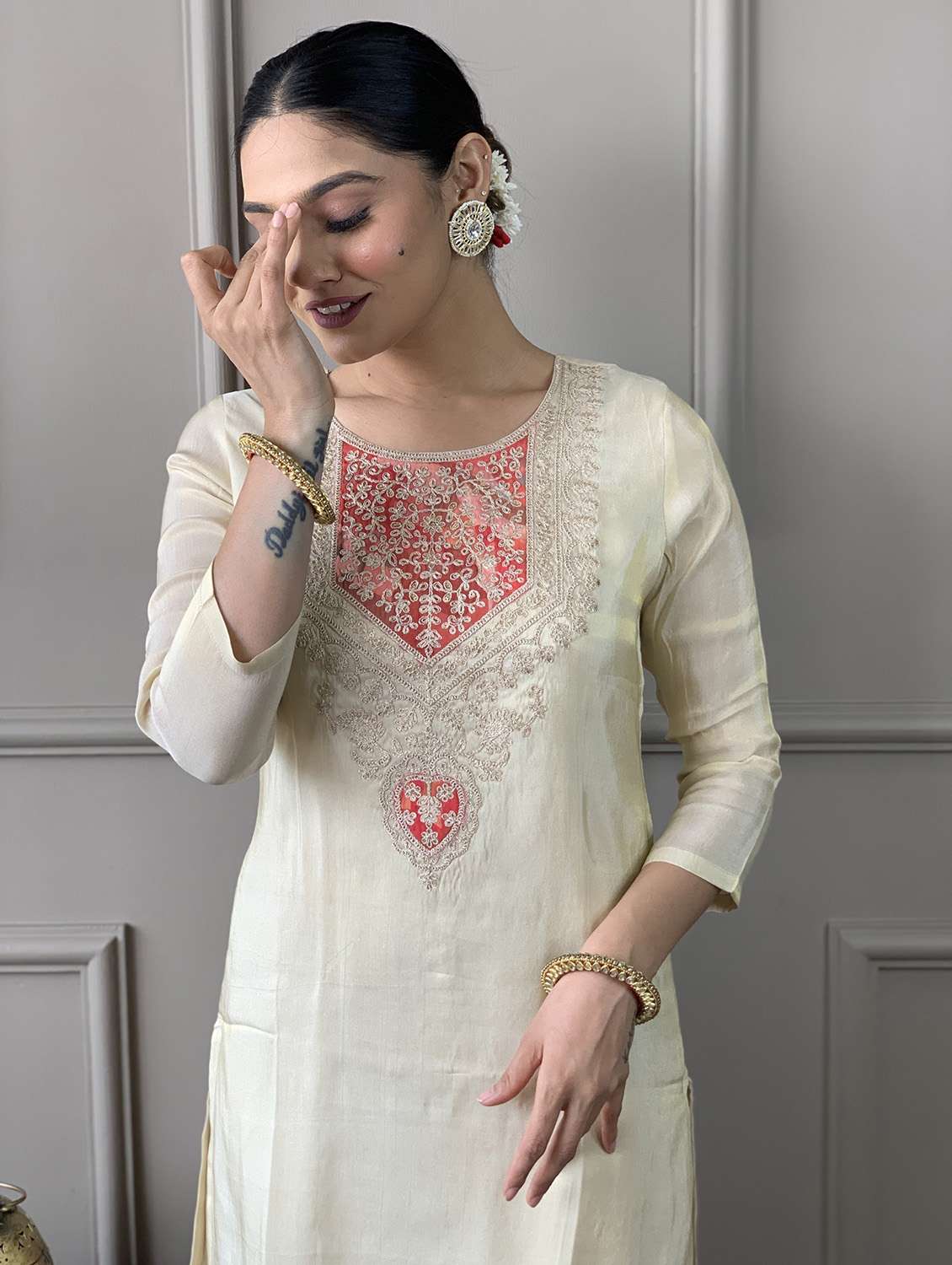 women solid with work three quarter sleeve kurta pant with dupatta set - 22481728 -  Standard Image - 1