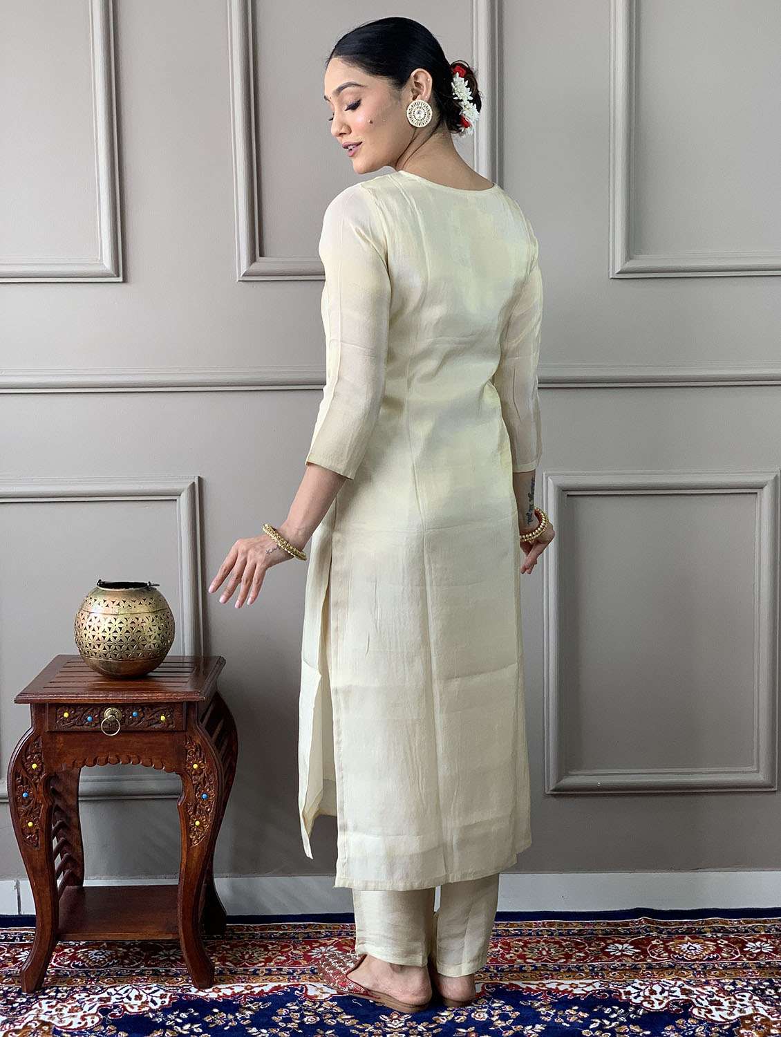 women solid with work three quarter sleeve kurta pant with dupatta set - 22481728 -  Standard Image - 4
