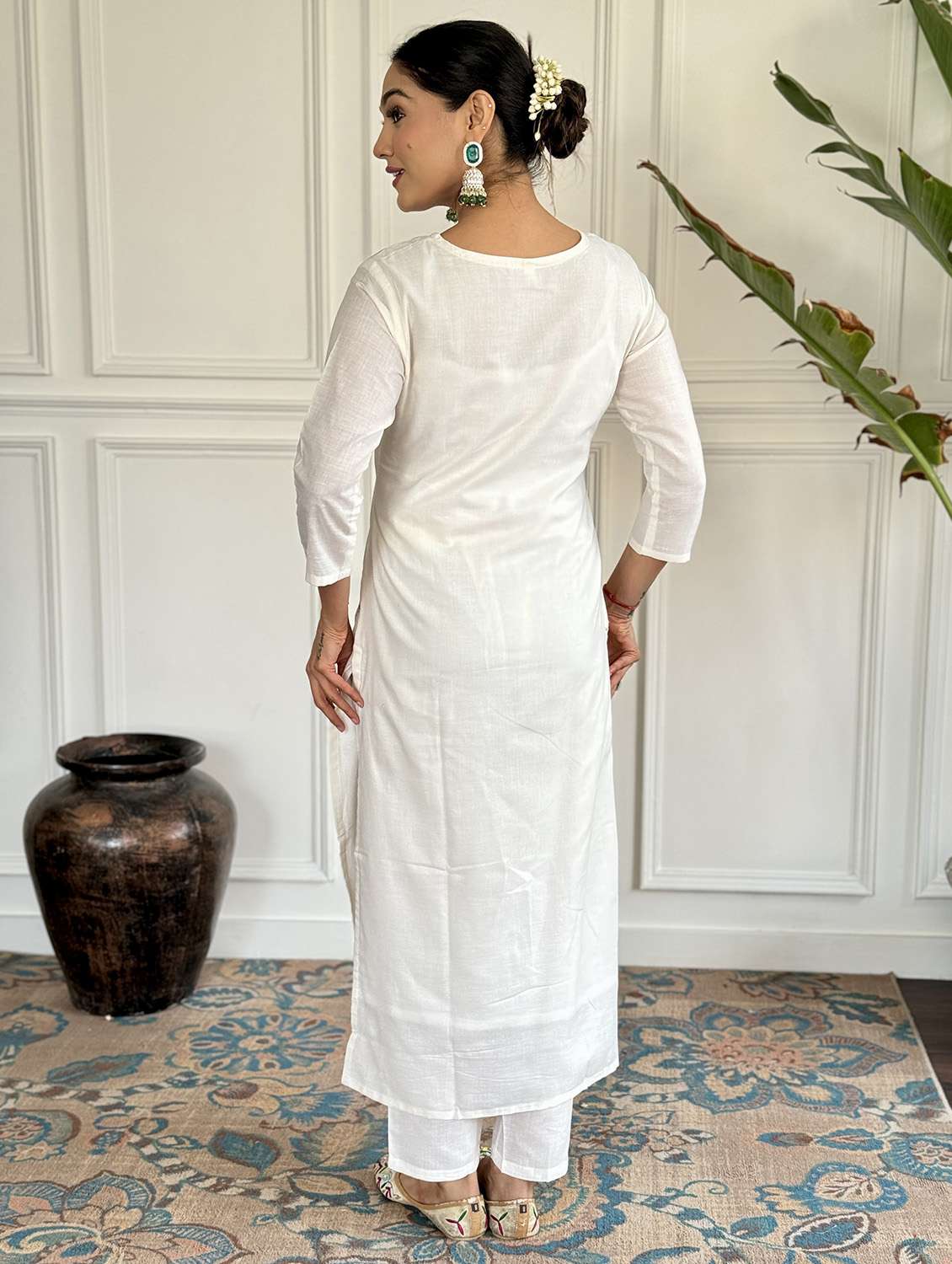 women solid with work three quarter sleeve kurta pant with dupatta set - 22481730 -  Standard Image - 4