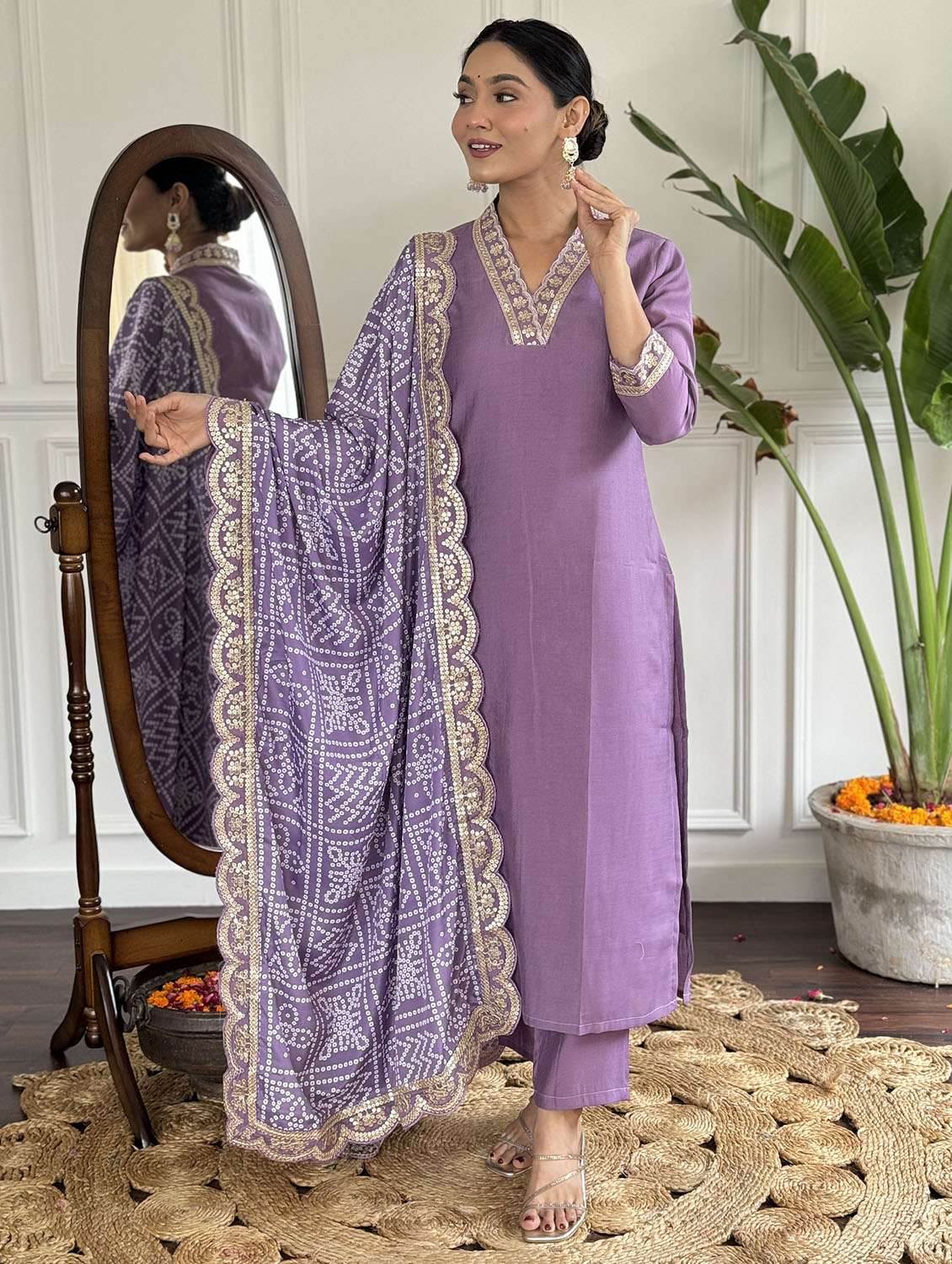 women solid with work three quarter sleeve kurta pant with dupatta set